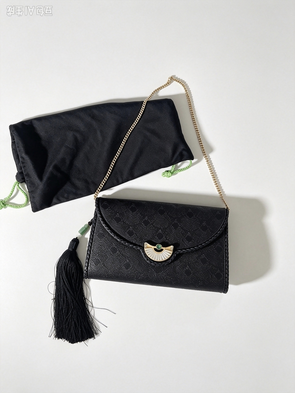 Shanghai Tang Black Chain Shoulder Bag with Tassel